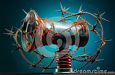 Censorship free speech, cancel culture, censored media, world press freedom day, megaphone with barbed wire Stock Photo