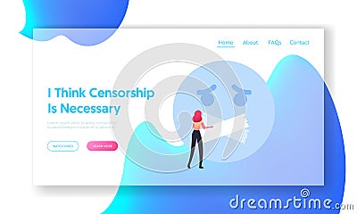 Censorship Landing Page Template. Female Fighting for Speech or Information Freedom. Woman Take Off Tape from Human Face Vector Illustration