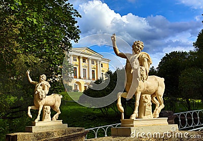 Centaurs bridge and palace in Pavlovsk park Stock Photo