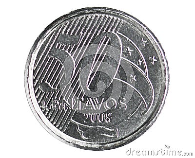 50 Centavos coin, 1994~Today - Real serie, 2008. Bank of Brazil. Obverse, issued on 2003 Stock Photo