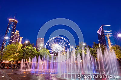 Centennial Olympic Park in Atlanta during blue hour after sunset Editorial Stock Photo