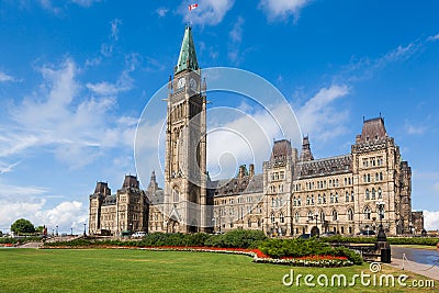 Center Block and Peace Tower on Parliament Hill Ottawa Stock Photo