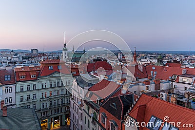 The center of the city of Brno in the Czech Republic during a dramatic sunset captured from a beautiful view on the Old Tower Editorial Stock Photo