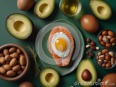 Keto diet concept - salmon, avocado, eggs, nuts and seeds, bright green background, top view Stock Photo