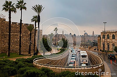 center of jerusalem. Central square, administrative buildings, large houses, few people, rain Editorial Stock Photo