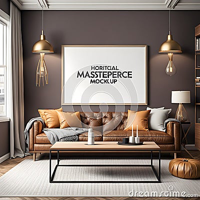 In the center of the room, you see a stunning horizontal frame masterpiece mockup hanging on the wall. Stock Photo