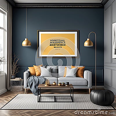 In the center of the room, you see a stunning horizontal frame masterpiece mockup hanging on the wall. Stock Photo