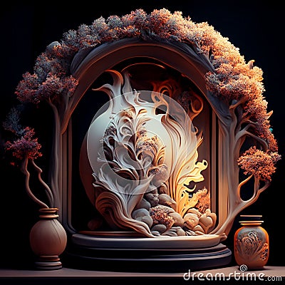 The centerpiece of the wallpaper displays an array of exquisite ceramic art pieces. Delicately crafted vases Stock Photo