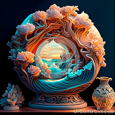 The centerpiece of the wallpaper displays an array of exquisite ceramic art pieces. Delicately crafted vases Stock Photo