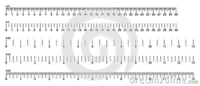 Centimeters and inches measuring scale cm metric indicator on a white background. Inch and metric rulers. Accuracy measurement Vector Illustration