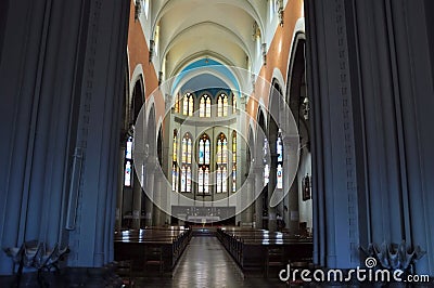 Central altar and stained glass windows in the background of the Capuchin Church of Our Lady of Lourdes in Rijeka. Editorial Stock Photo