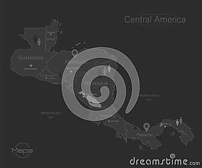 Central America map, individual states with names, design dark blackboard background Vector Illustration