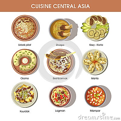 Central Asia food cuisine vector icons for restaurant menu Vector Illustration