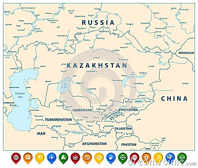 Central Asia Political Map and Colorful Map Pointers Vector Illustration