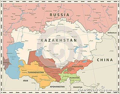 Central Asia Political Map Retro Colors Vector Illustration