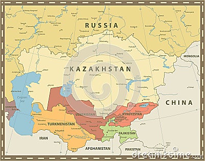 Central Asia Political Map Vintage Color Vector Illustration