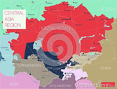 Central Asia region detailed editable map Stock Photo