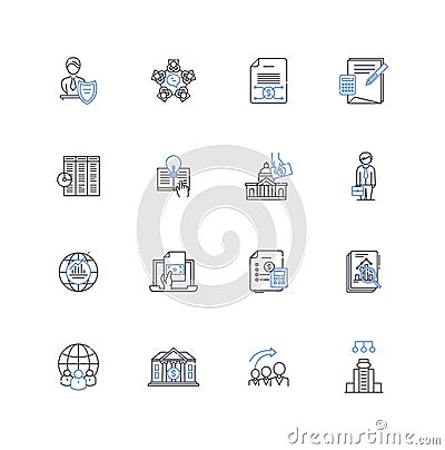 Central bank line icons collection. Mtary Policy, Interest Rates, Reserve Requirements, Inflation, GDP, Currency Vector Illustration