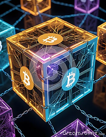 Luminous Bitcoin Blockchain Structure AI Generative Stock Photo