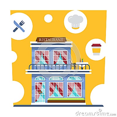 Central cafe building. Restaurant with summer terrace and with curtains. Set of detailed restaurant facade and interior. Vector Illustration