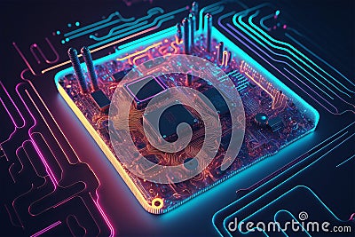 Central computer processor with neon lights integrated microchip circuit board for server. Stock Photo