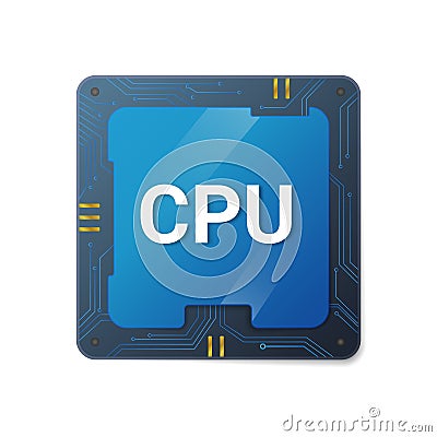 Central cpu processor. Microprocessor blue chip with lines for connecting Vector Illustration