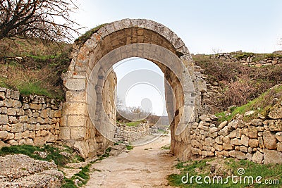 The Central Defensive Wall with Orta Kapu Gate in Chufut-Kale Stock Photo