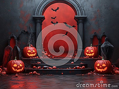 Central empty 3D podium with Jack-o'-lanterns on either side, framed by cobweb-covered vampire coffins. Bats flutter Stock Photo