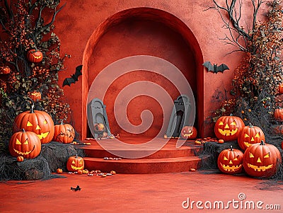 Central empty 3D podium with Jack-o'-lanterns on either side, framed by cobweb-covered vampire coffins. Bats flutter Stock Photo