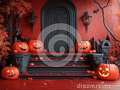 Central empty 3D podium with Jack-o'-lanterns on either side, framed by cobweb-covered vampire coffins. Bats flutter Stock Photo