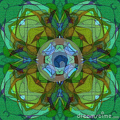 CENTRAL TIFFANY FLOWER MANDALA, TEXTURE IN THE IMAGE, CENTRAL FLOWER IN GREENS AND BLUE Stock Photo