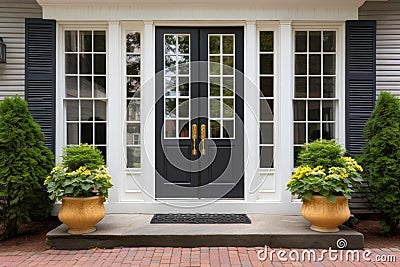 central front door of a colonial house with symmetrical windows Stock Photo