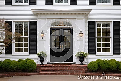 central front door of a colonial house with symmetrical windows Stock Photo