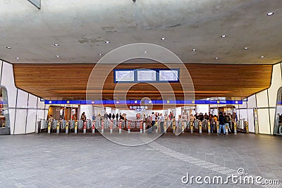 Central hall with access to the train platform in the station in Arnhem, The Netherlands Editorial Stock Photo