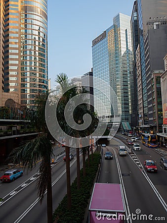 A photograph taken from the pedestrian bridge that runs over Connaught Road Central in Hong Editorial Stock Photo