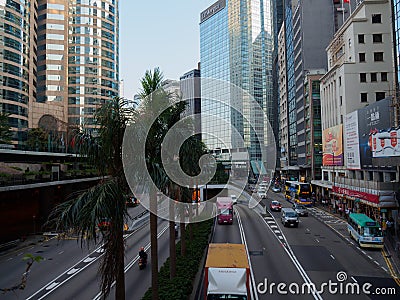 A photograph taken from the pedestrian bridge that runs over Connaught Road Central in Editorial Stock Photo