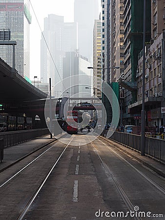 A street scene taken early in the morning with the famous double deck tram that runs Editorial Stock Photo