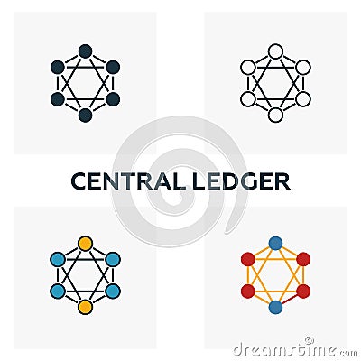 Central Ledger icon set. Four elements in diferent styles from blockchain icons collection. Creative central ledger icons filled, Stock Photo