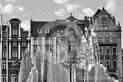 Central market square in Wroclaw Poland with old houses and famouse fountain. Travel vacation concept. Black and white Stock Photo