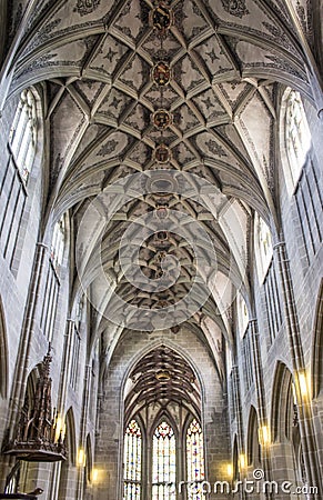 Central nave of the Berne Cathedral. Interior of the Berne Cathedral. Gothic cathedral Editorial Stock Photo