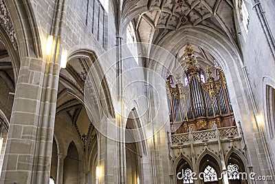 Central nave of the Berne Cathedral. Interior of the Berne Cathedral. Gothic cathedral Editorial Stock Photo