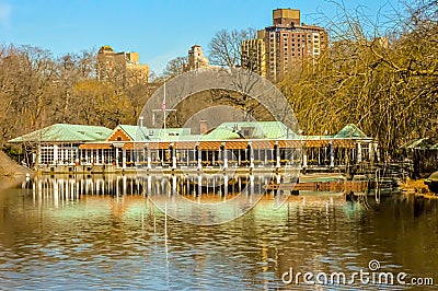 Central Park Loeb boathouse across lake. Stock Photo