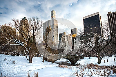 Central Park, New York City at Gapstow bridge under the snow in the winter Stock Photo