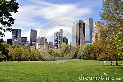 Central Park, NYC: Sheep Meadow & Skyline Editorial Stock Photo