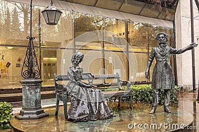 Central Podgorica, Montenegro: monument to Alexander Pushkin and his wife Natalia Goncharova Editorial Stock Photo