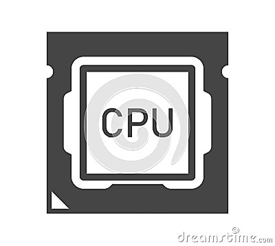 Central processing unit bold black silhouette icon isolated on white. Main processor, pc component. Vector Illustration