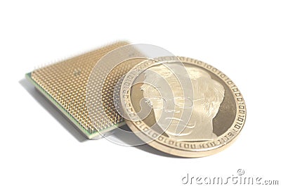 Central processing unit CPU microchip with Golden Bitcoin Stock Photo