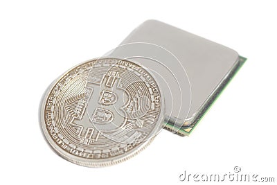 Central processing unit CPU microchip with golden Bitcoin Stock Photo
