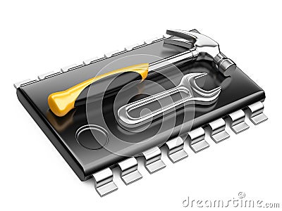Central Processor unit concept. CPU with tools. Stock Photo
