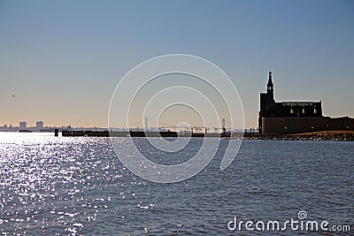 Central Railroad of New Jersey Terminal and Verrazzano bridge on a clear sunny day Stock Photo